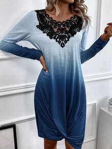SHEIN LUNE 蕾絲拼接扭結下擺漸層洋裝 - 藍白色 - 查看 6