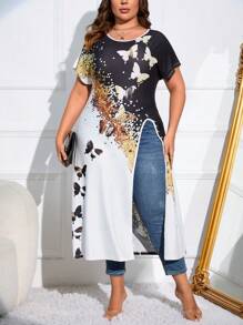 SHEIN LUNE 大碼蝴蝶圖案下擺開叉T恤 - 彩色 - 查看 4