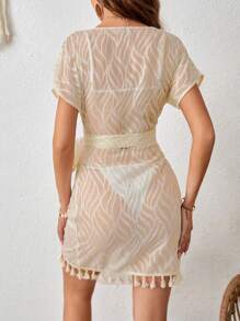 SHEIN LUNE 流苏边饰侧系带和服夏季 - 卡其色 - 查看 2