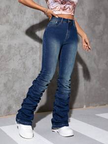 SHEIN ICON Flare Leg Stacked Jeans - Dark Wash - View 6