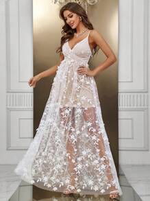 SHEIN Belle 花卉刺繡網紗覆蓋吊帶婚紗洋裝 - 白色 - 查看 1