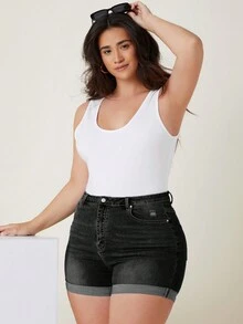 Hơn Cao eo Cuộn lên Hem Quần short Denim - Màu xám đen - Xem 6