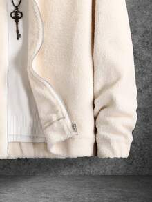 Manfinity Homme 男士寬鬆貼身 Teddy 外套,肩上有字母貼花裝飾 - 米色 - 查看 5