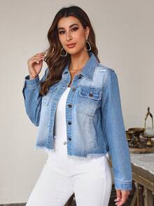 SHEIN LUNE 破洞毛邊牛仔夾克 - 淺色水洗藍 - 查看 6