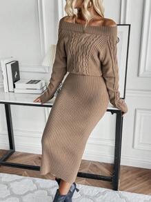 SHEIN Clasi Off Shoulder Cable Knit Sweater Dress - Khaki - View 3