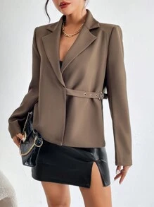 SHEIN Privé Lapel Neck Buckle Detail Blazer - Mocha Brown - View 7