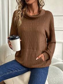 SHEIN LUNE Cổ bò Thả vai Túi kangaroo Áo nỉ - màu nâu - Xem 4