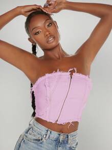 SHEIN BAE Zip Up Raw Hem Tube Top - Baby Pink - View 1