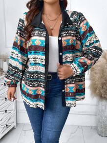 Calvaya Plus Geo Print Lantern Sleeve Coat - Multicolor - View 7