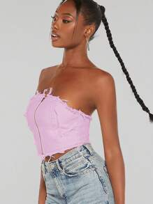 SHEIN BAE Zip Up Raw Hem Tube Top - Baby Pink - View 5