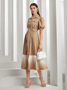 Mulvari 漸層翻蓋細節腰帶襯衫洋裝 - 卡其色 - 查看 5