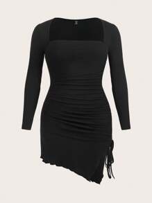 SHEIN EZwear Plus Square Neck Ruched Side Asymmetrical Hem Bodycon Dress - Black - View 1