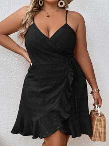 SHEIN VCAY Plus Ruffle Trim Wrap Knot Side Cami Dress - Black - View 6