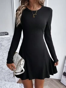SHEIN LUNE Solid Ribbed Knit A-line Dress - Black - View 2
