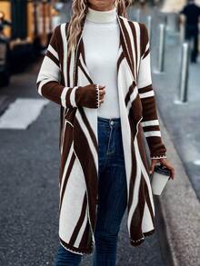 SHEIN LUNE Striped Pattern Waterfall Collar Drop Shoulder Cardigan - Multicolor - View 4