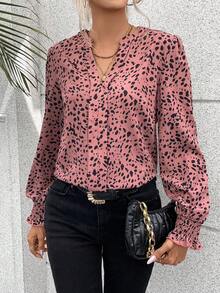 SHEIN Clasi Dalmatian Print Shirred Cuff Blouse - Pink - View 5
