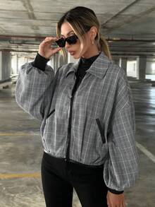 SHEIN Essnce 格紋印花落肩袖拉鏈開襟夾克 - 黑與白 - 查看 6