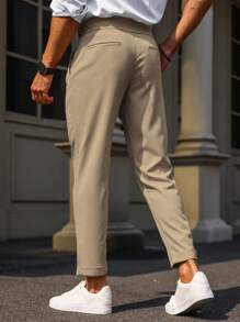 Calvornis Men Fold Pleated Detail Slant Pocket Suit Pants - Khaki - View 2