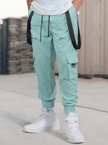 Manfinity EMRG Loose Fit Men's Cargo Pants With Flap Pockets, Side Drawstring Waist - Green - View 4