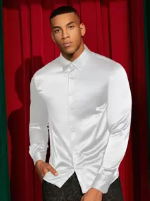 Manfinity BRENVOR Men Solid Button Front Satin Shirt, Fall, Long Sleeve Top - White - View 2
