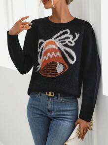 SHEIN LUNE Suéter de punto con caída de hombros y estampado de campana para otoño e invierno - Negro - Ver 6