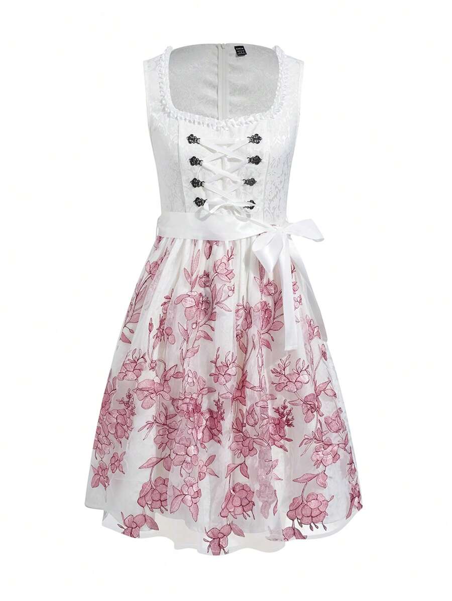 SHEIN Unity Vestido con estampado floral con cordón delantero - Blanco - Ver 1