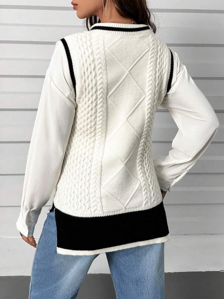 Contrast Trim Cable Knit Sweater Vest Without Blouse