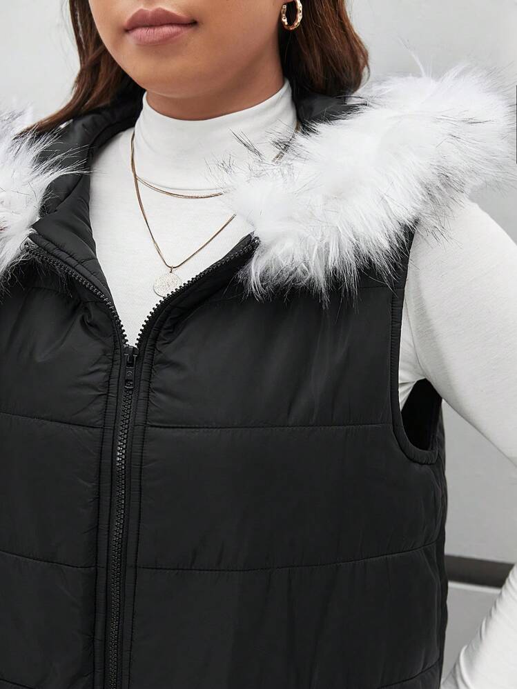 SHEIN Frenchy Talla grande Abrigo chaleco acolchado ribete lanudo con capucha - Negro - Añade 3