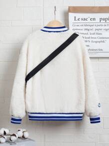 Tween Boy Letter Patched Striped Trim Drop Shoulder Teddy Bomber Jacket & Bag - White - View 2