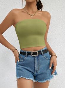 SHEIN Essnce Solid Crop Tube Top - Army Green - View 3