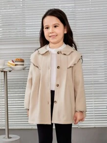 SHEIN Young Girl 1pc Scallop Trim Peter Pan Collar Overcoat - Apricot - View 5