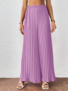 SHEIN Privé Pantalones de pierna ancha unicolor fruncido - Lila Púrpura - Ver 1