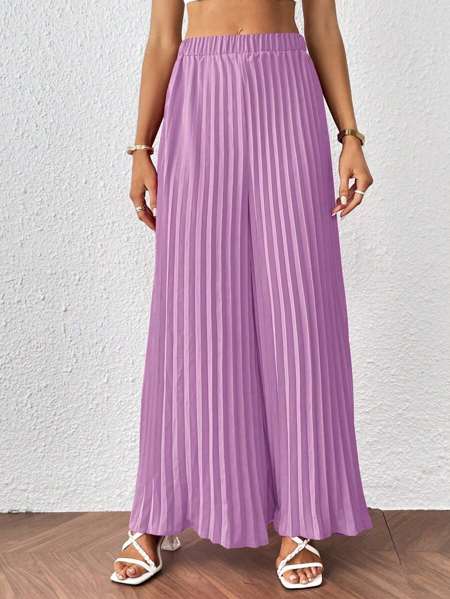 SHEIN Privé Pantalones de pierna ancha unicolor fruncido - Lila Púrpura - Ver 1