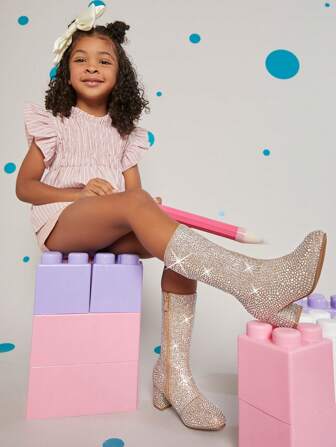 Mini mi #StarQueen Girls' Round Toe Chunky Heel Full Rhinestone Gold Mid-Calf Boots – Dazzling Party Style With Comfort & Glam Vibes