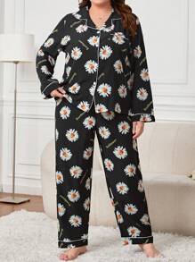 Plus Allover Floral Print Contrast Piping PJ Set / Pajama Set - Black - View 2