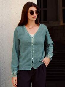 SHEIN Frenchy Guipure Lace Trim Drop Shoulder Cardigan Winter Christmas Casual Green - Green - View 1