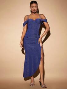 SHEIN BAE Cold Shoulder Split Thigh Glitter Dress - Purple - View 1