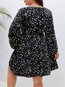 SHEIN Frenchy Hơn In Toàn bộ Tay áo lồng đèn Đầm - màu đen - Xem 2