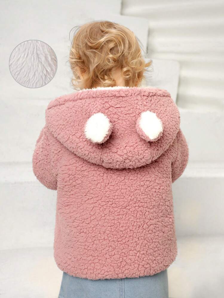 Baby Girl Solid Button Front Hooded Teddy Jacket