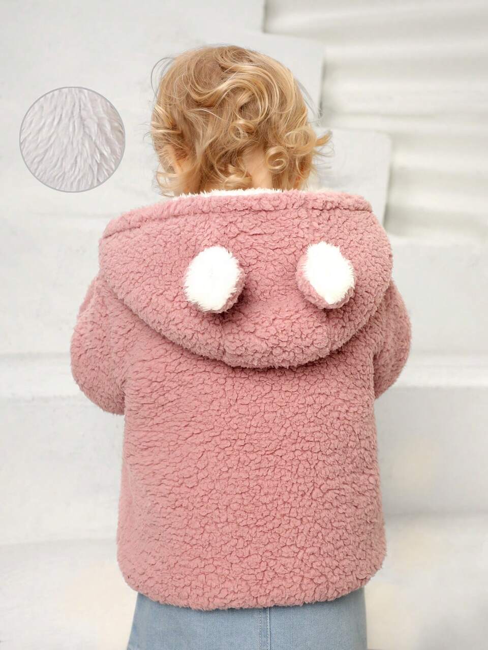 Baby Girl Solid Button Front Hooded Teddy Jacket