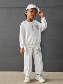 Young Boy Slogan Graphic Drop Shoulder Sweatshirt & Sweatpants - White - View 5