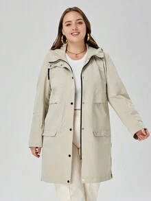 Astrid 大碼拉鏈開襟按扣抽繩連帽翻蓋口袋膠帶細節外套 - 米色 - 查看 3