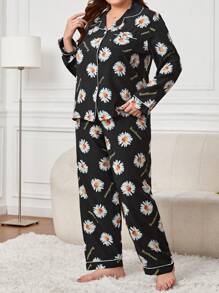 Plus Allover Floral Print Contrast Piping PJ Set / Pajama Set - Black - View 5