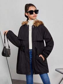 Teen Girl 1pc Drawstring Waist Fuzzy Trim Hooded Coat - Black - View 7