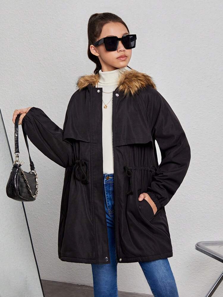 Teen Girl 1pc Drawstring Waist Fuzzy Trim Hooded Coat