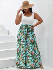 SHEIN VCAY 大碼熱帶圖案腰帶闊腿連體褲 - 藍色 - 查看 5