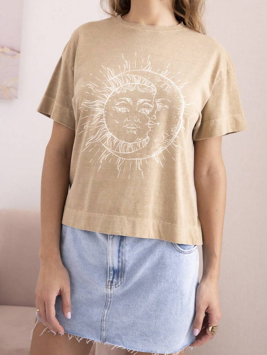 SHE(IN) BRASIL Hình in mặt trời & mặt trăng Áo thun Thả vai - Màu Tím - Xem 1