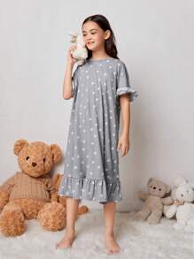 SHEIN Tween Girl Heart Print Ruffle Trim Flounce Sleeve Nightdress - Light Grey - View 6