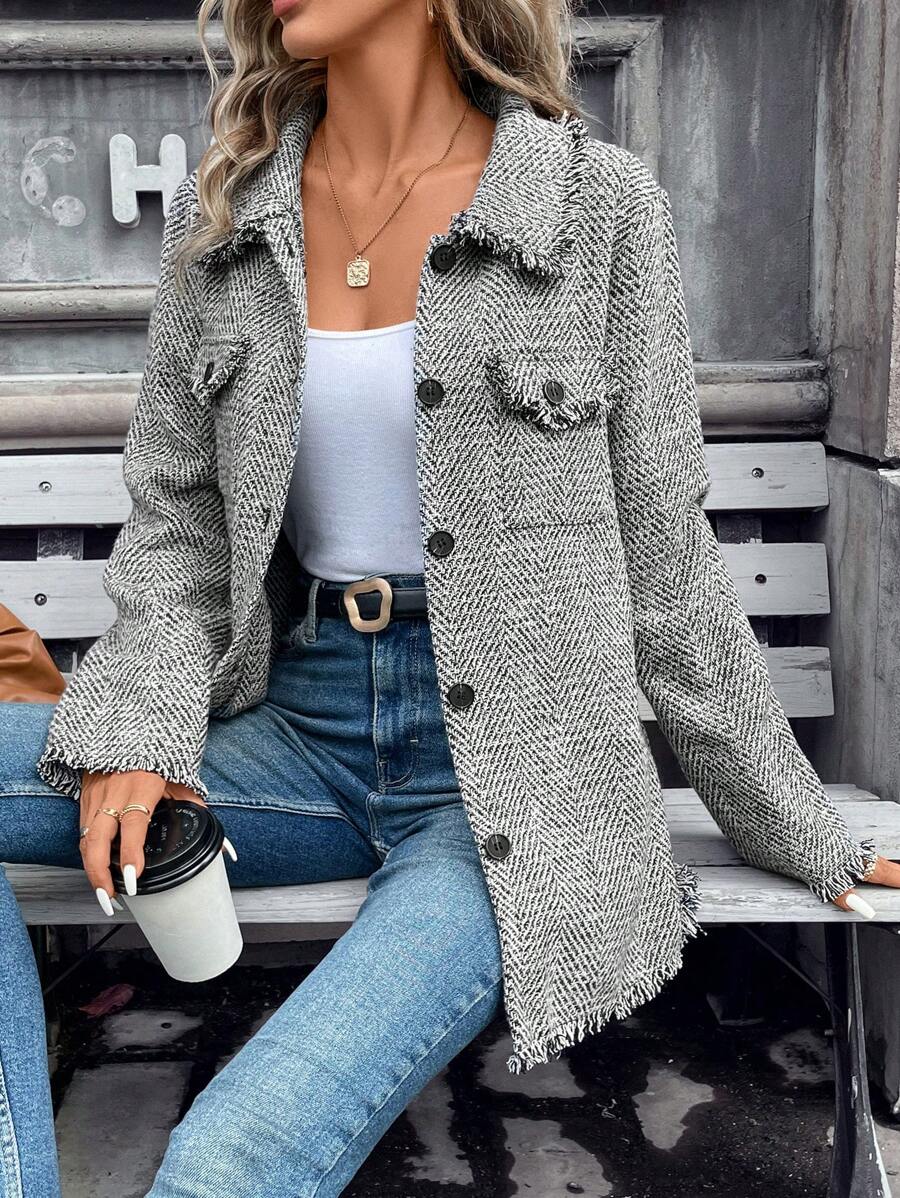 SHEIN Frenchy Túi có nắp Xén Thô Áo khoác - Xám - Xem 1