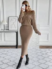 SHEIN Clasi Off Shoulder Cable Knit Sweater Dress - Khaki - View 4